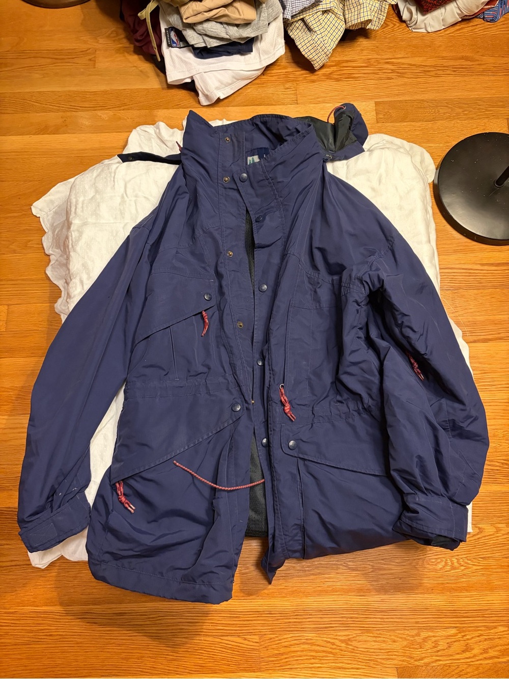 Eastern Mountain Sports Navy Hooded Raincoat with Red Accents